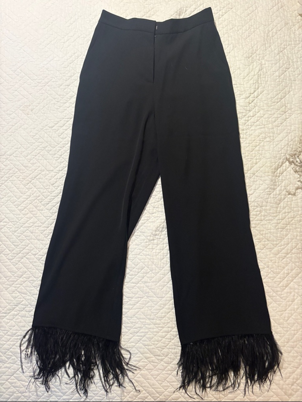 Wayf Black Wide-Leg Feather Trim Pants